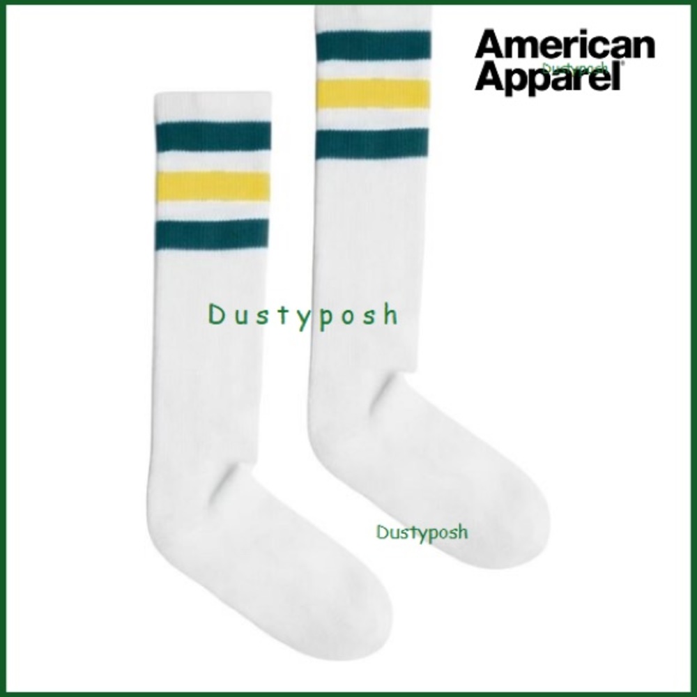 American Apparel Knee High Socks Calf Withe Green Gold Retro Stripe Unisex New